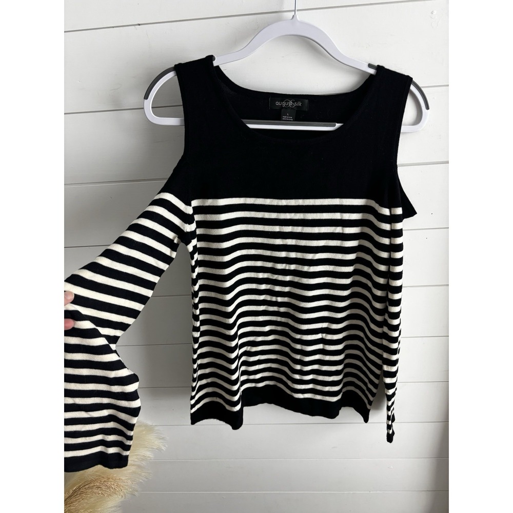 August Silk Women's Large Black White‎ Cold Shoulder Stripe Sweater